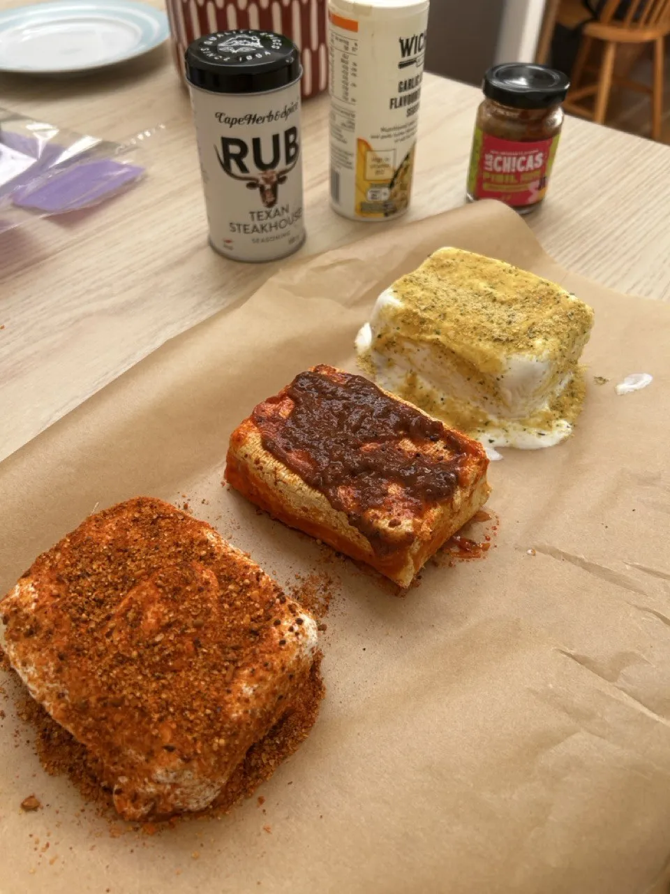 Baked tofu in three spice mixes